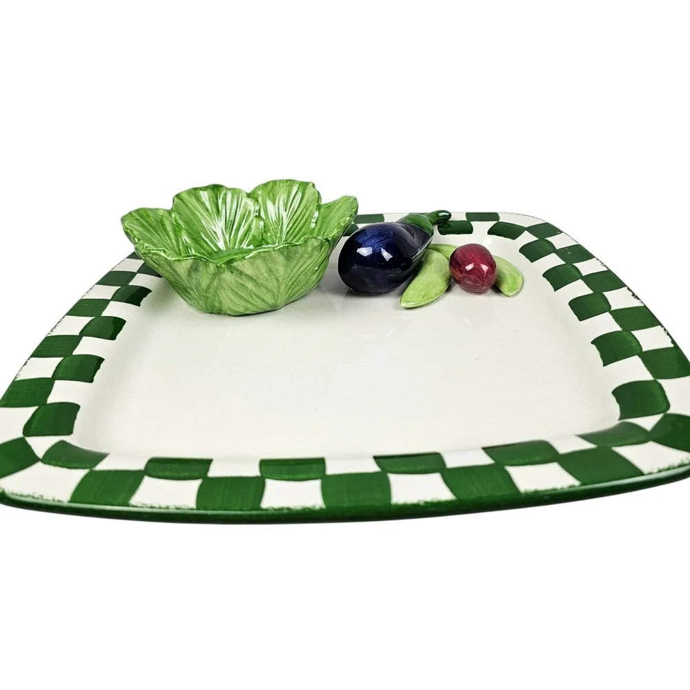 Cali Chip and & Platter Green Checkered Vegetable Cabbage Eggplant Serving‎ Tray